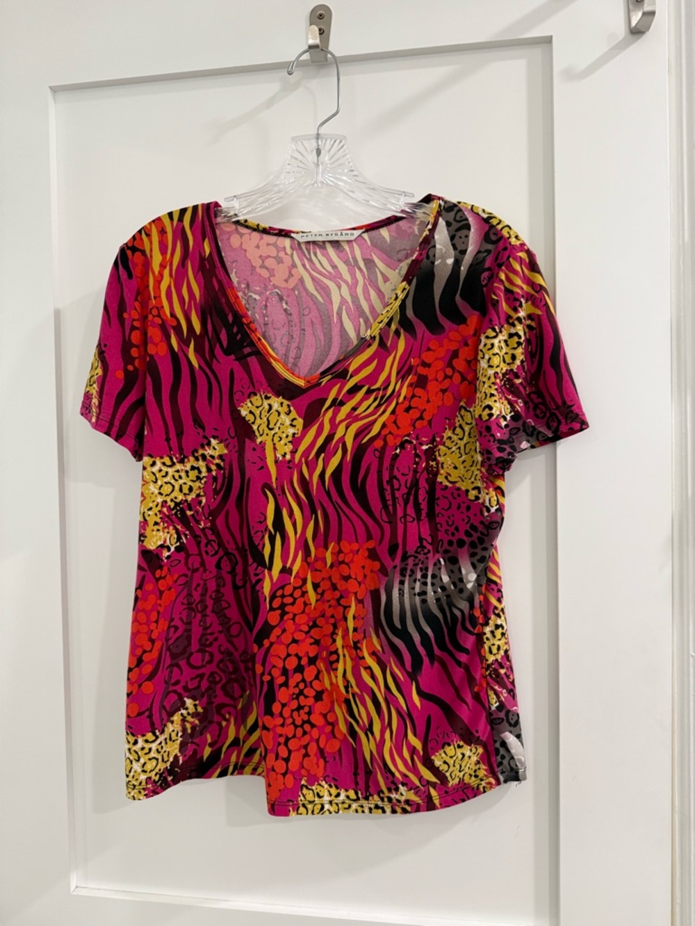 Peter Nygård multicolor animal print v neck short sleeve top (fits like a S)